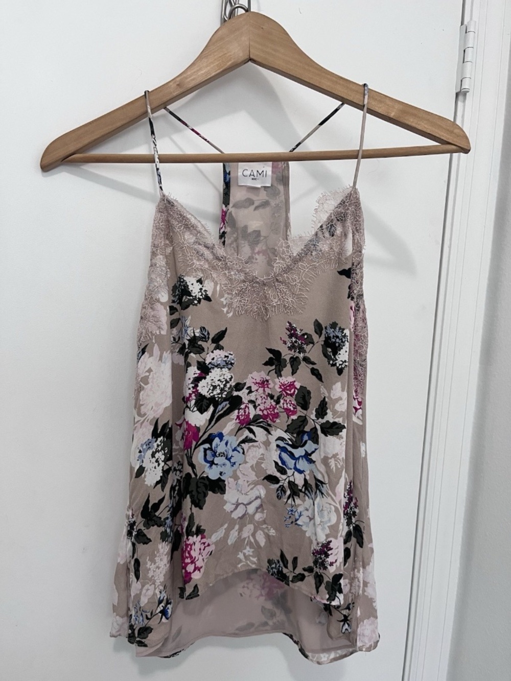 Cami NYC 100% Silk Lace Trim Floral Camisole XXS Tank Top High Low Racer Back